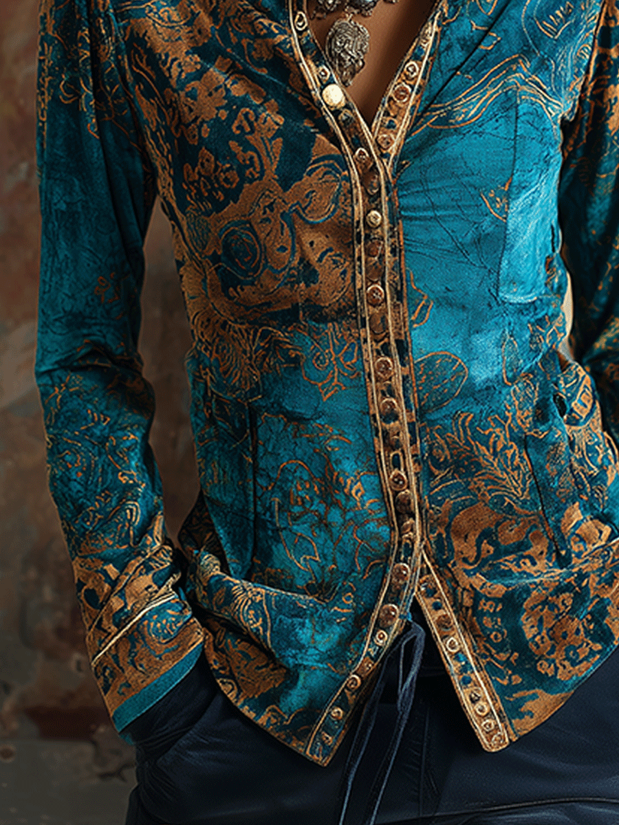 Boho Chic Vintage Peacock Blue Velvet Golden Print Fit Blouse - Fashionpara
