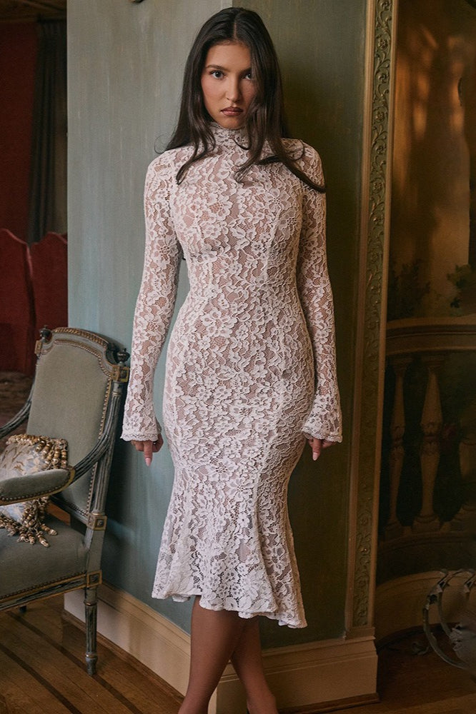 Lace High Neck Long Sleeve Mermaid Midi Dress