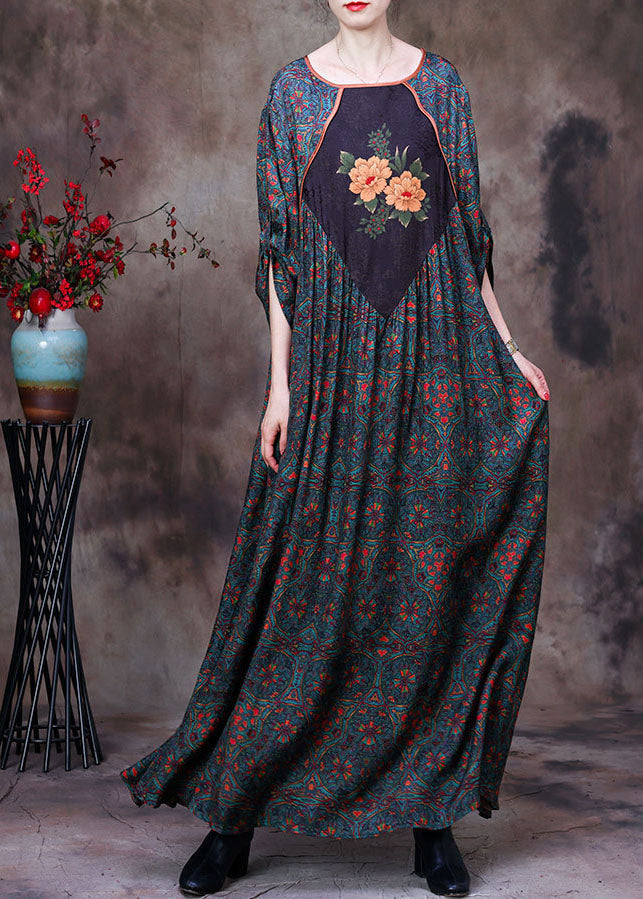 Patchwork Print Round Neck Elbow Sleeve Gathered Waist Boho Maxi Dress