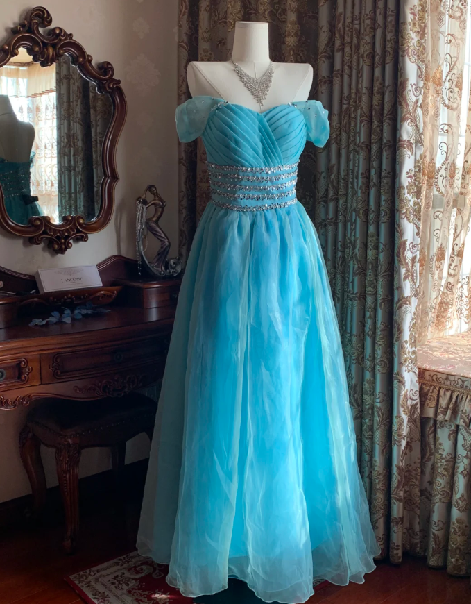 Cute Off The Shoulder Blue Tulle Beaded A Line Princess Party Dress Long Evening Gown D1714