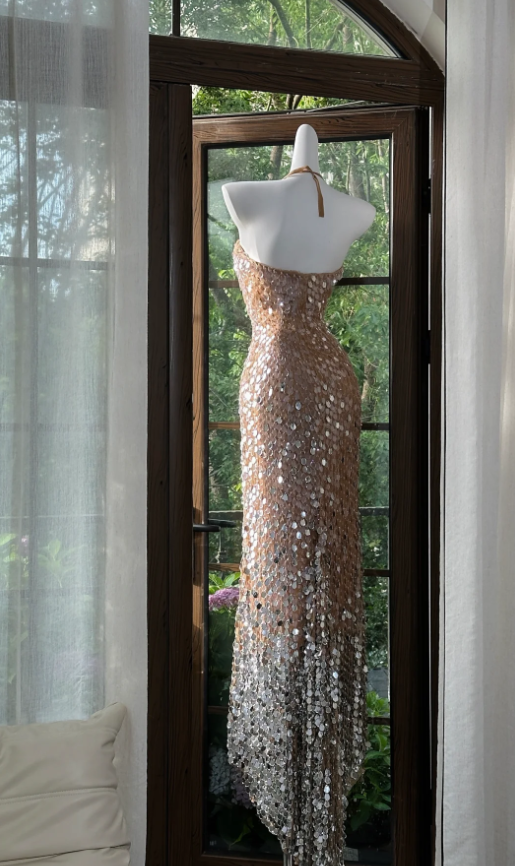 Gorgeous Halter Champagne Sequin Slit Mermaid Party Dress Long Evening Gown D1250