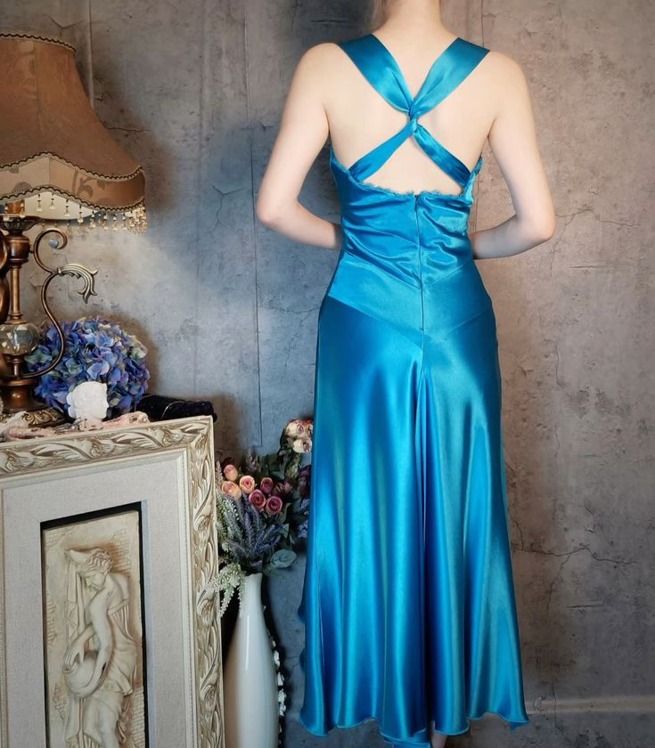 Vintage Blue V NecK Satin Mermaid Evening Dress Long Birthday Prom Gown D1475
