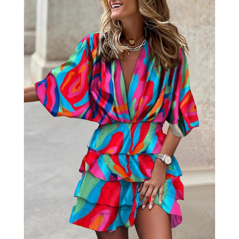 V-Neck Smocked Waist Elbow Sleeve Tiered Ruffle Mini Dress