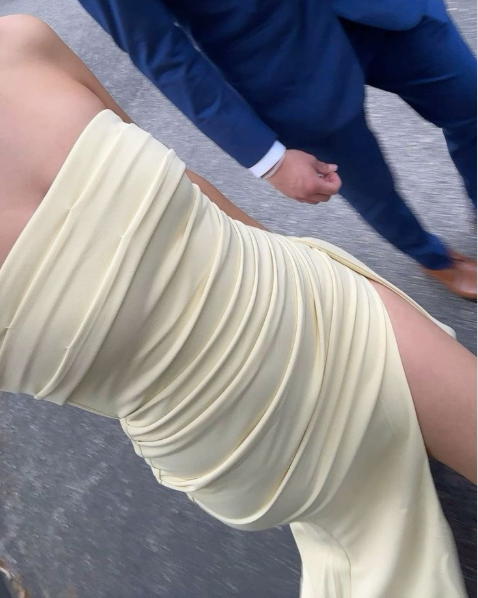 Cute Strapless Yellow Satin Pleated Slit Mermaid Evening Dress Formal Wedding Guest Dress D1327