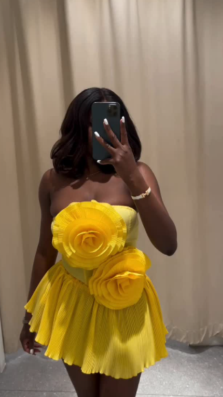 Unique Yellow Strapless Satin Flowers A Line Short Party Dress Formal Homecoming Dress D659