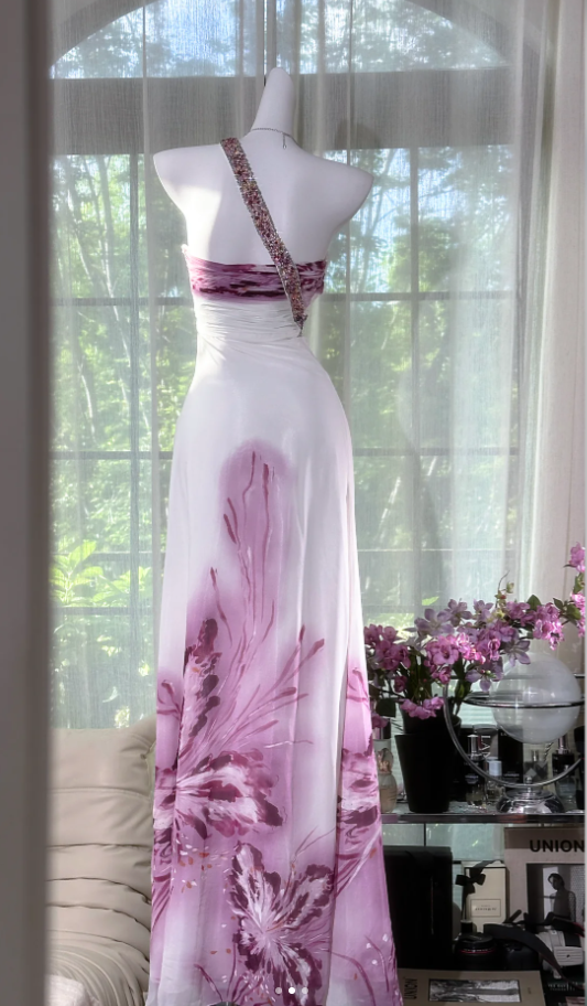 Pretty One Shoulder Beaded White Chiffon Lilac Floral Mermaid Evening Dress Long Party Gowns D917