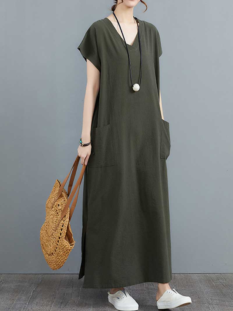 Hemp Material Plain Short Sleeves With Double Side Pocket A-Line Dress - Fashionpara