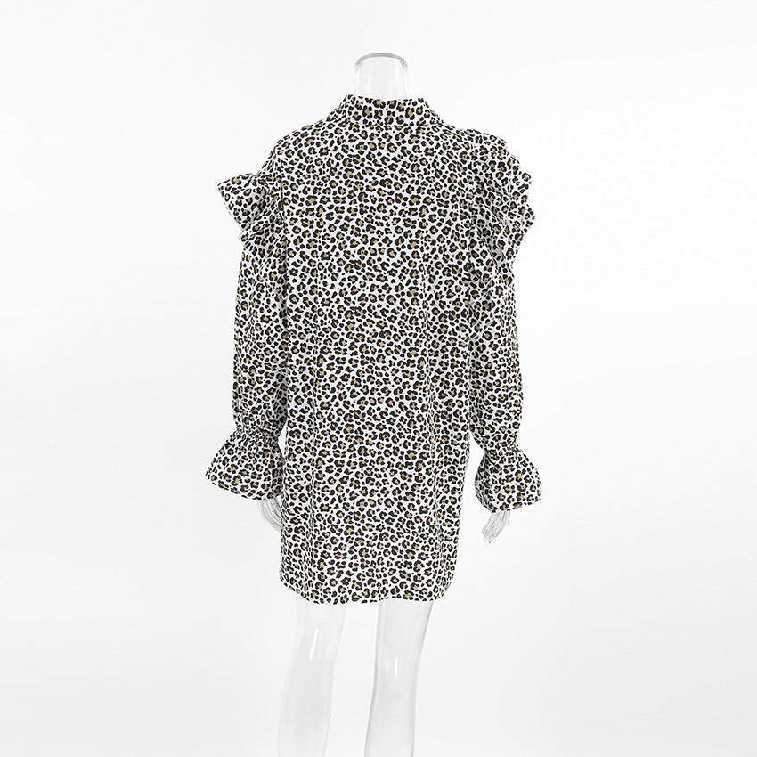 Leopard-Print Collared Long-Sleeve Tiered Mini Dress 7