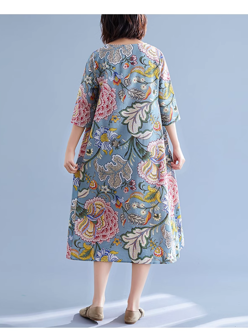 Floral Print Round Neck Half Sleeve A-Line Midi Dress 7