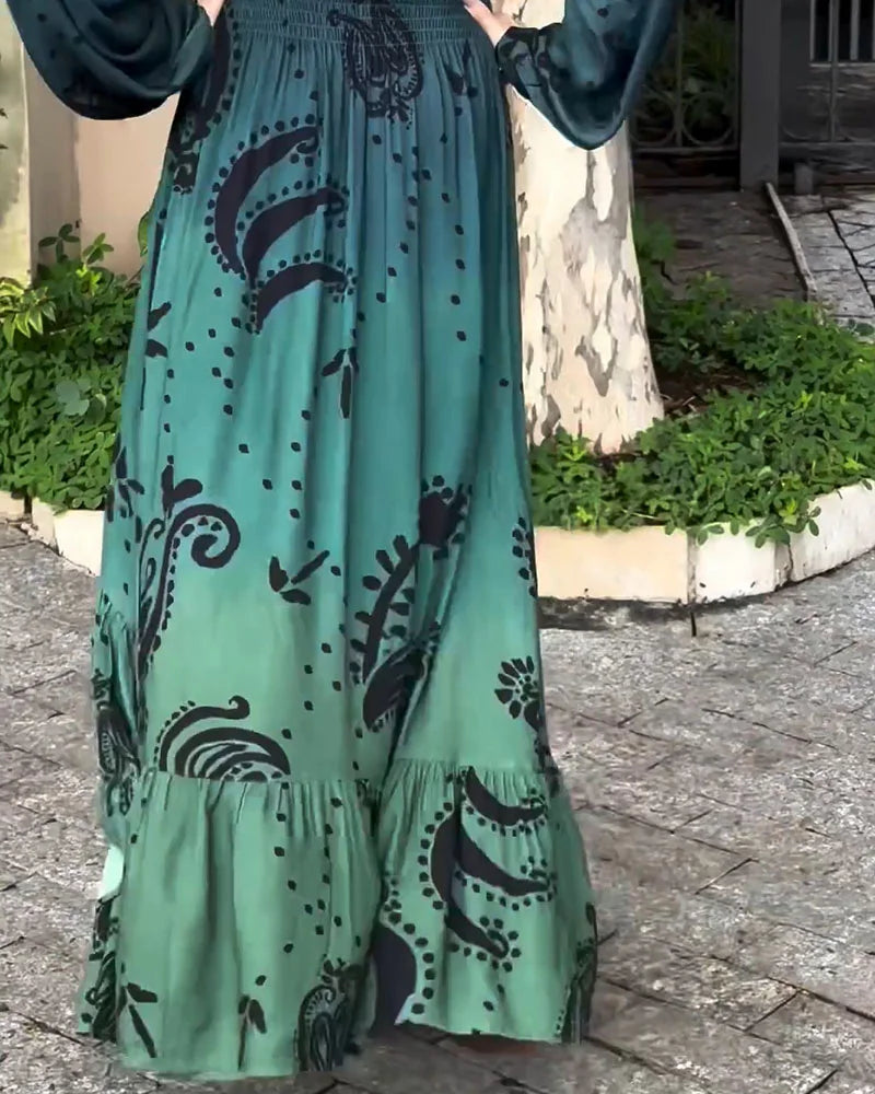 Bohemian resort V-neck printed dress - Fashionpara