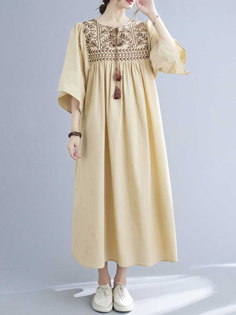 Embroidered Polyester Round-Neck A-Line Dress - Fashionpara