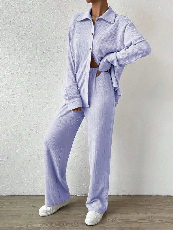 Solid Button Cardigan Laps Casual Two-Piece Set - Fashionpara