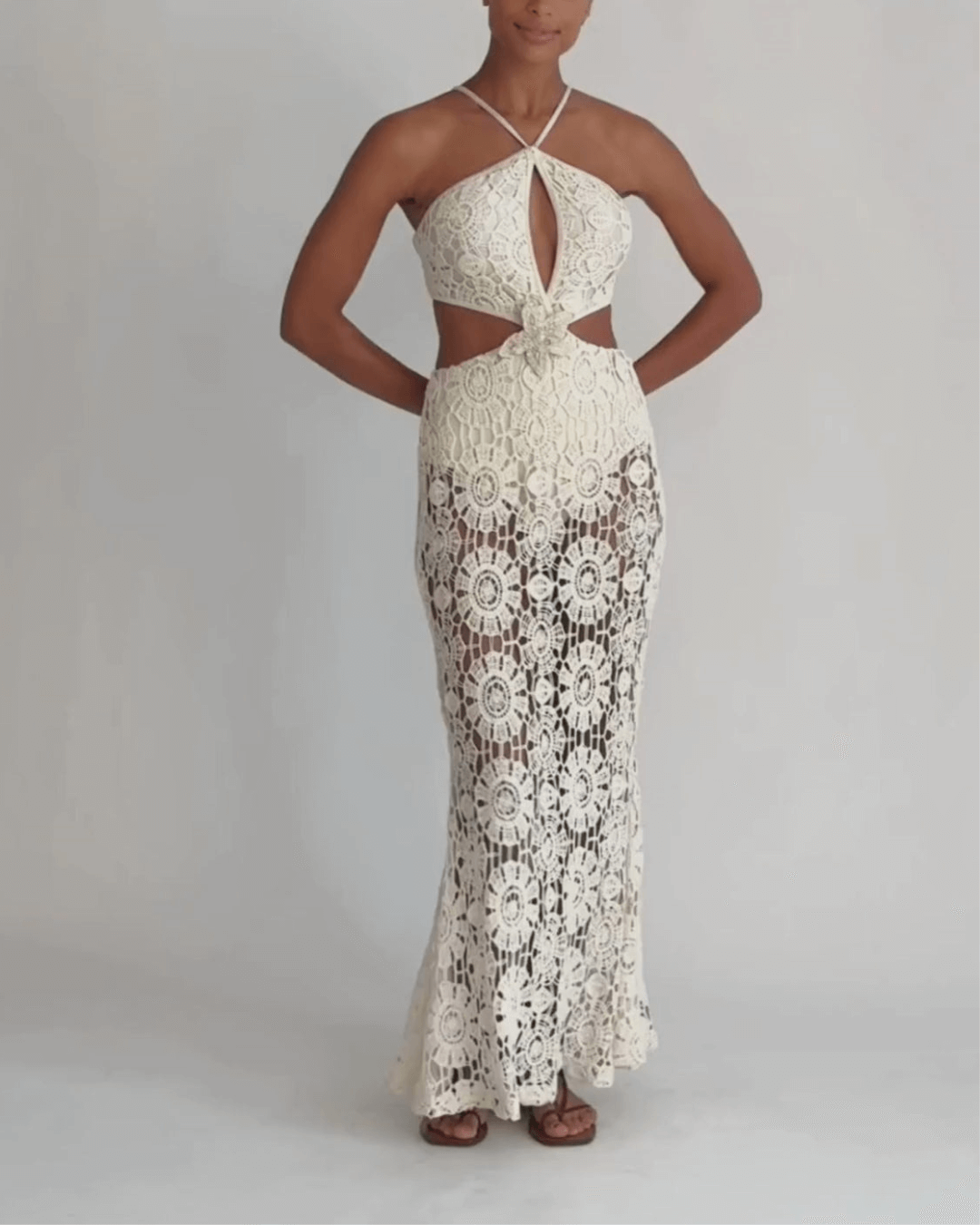 Embroidered Crochet Halterneck Dress - Fashionpara