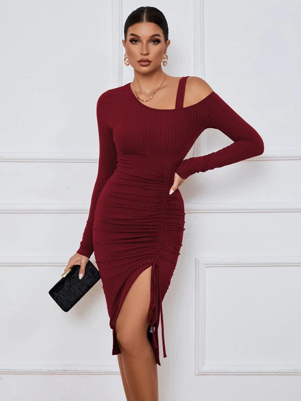Cold Shoulder Long Sleeve Ruched High Split Ribbed Midi Dress