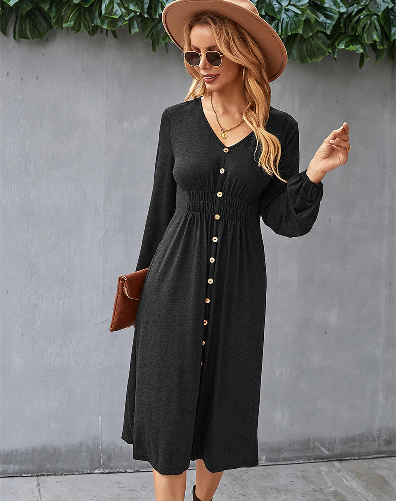 V-Neck Long-Sleeve Button-Front Fit-and-Flare Midi Dress 7