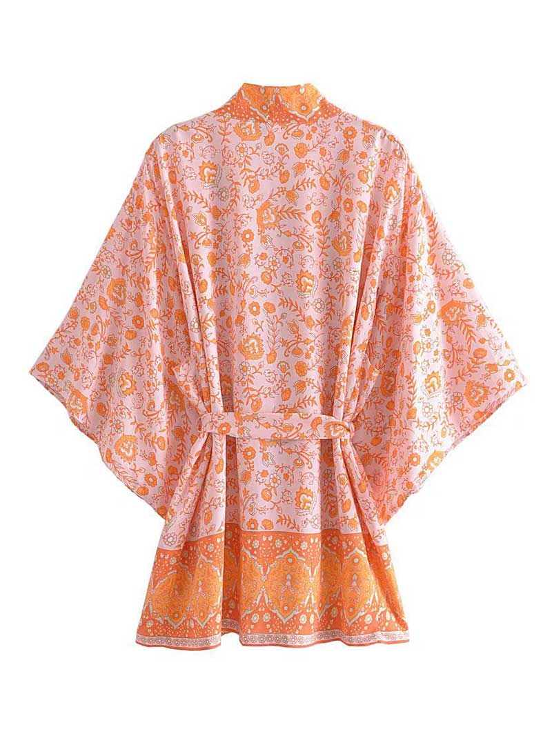 Short Floral Print Brown, Purple Orange Color Cotton Short Length Gown Kimono Duster Robe - Fashionpara