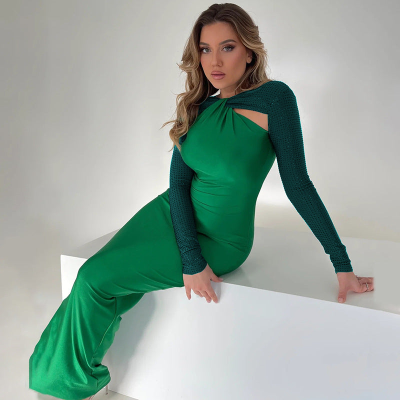 Rhinestone One-Sleeve Cutout Bodycon Maxi Dress 5