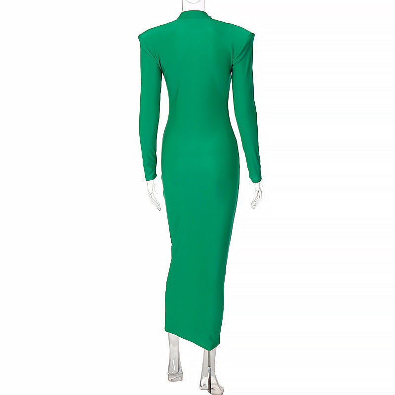 High-Neck Long-Sleeve Padded-Shoulder Bodycon Maxi Dress 5