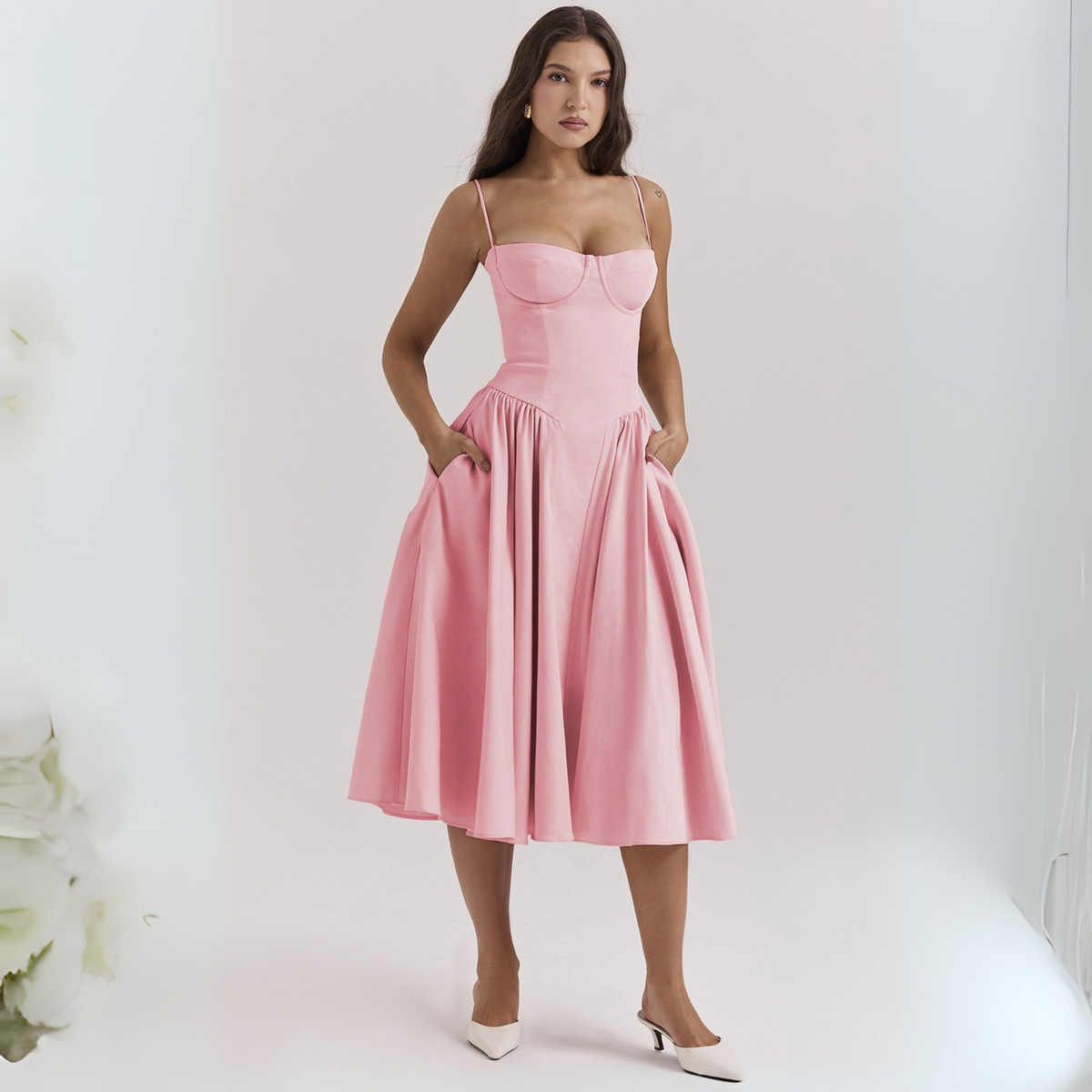 Strapless Corset Bustier Fit and Flare Midi Dress 3