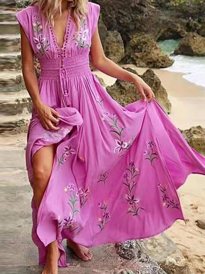 V Neck French Beach Boho Print Dress - Fashionpara