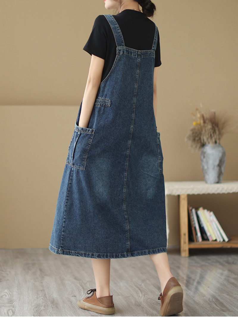 Denim Button-Strap Pocket Pinafore Midi Dress 2