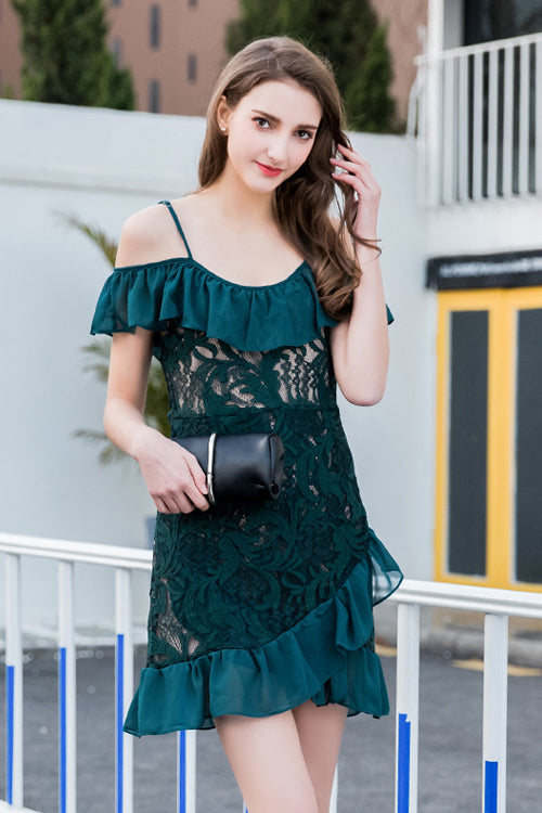 Cold Shoulder Ruffle Strap Lace Ruffle Hem Mini Dress 3