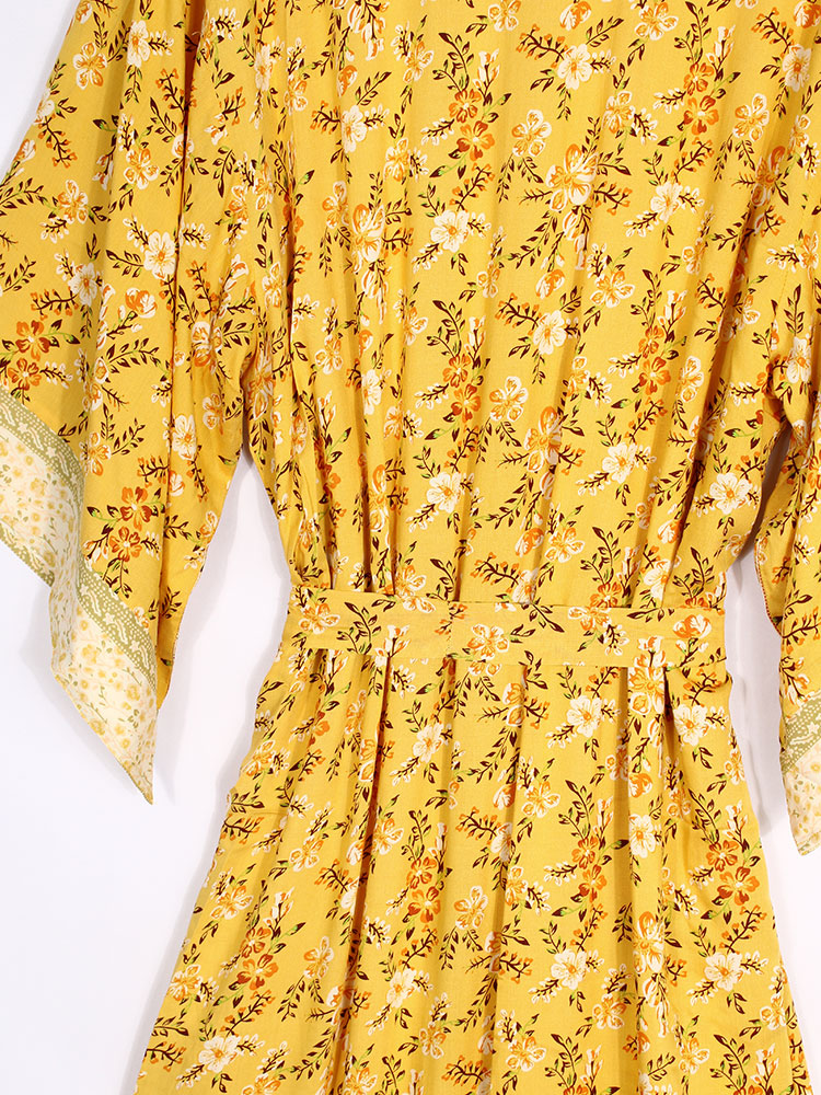 Bridal Party Wear Floral Print Yellow Color Cotton Long Length Gown Robe Kimono