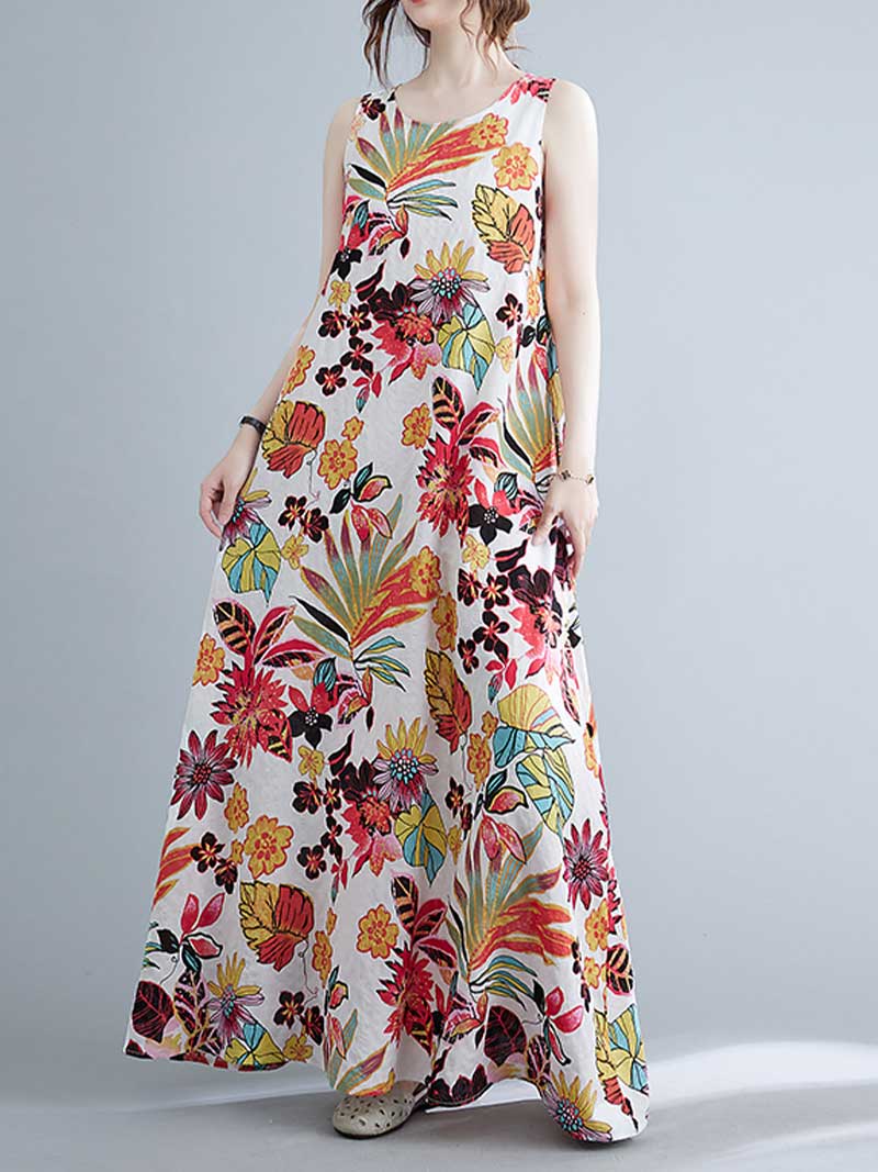 Sleeveless Cotton Floral A-Line Dress - Fashionpara