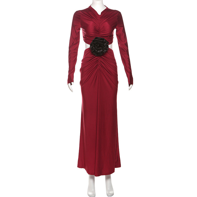 Mock Neck Long Sleeve Rosette Cutout Ruched Maxi Dress 7
