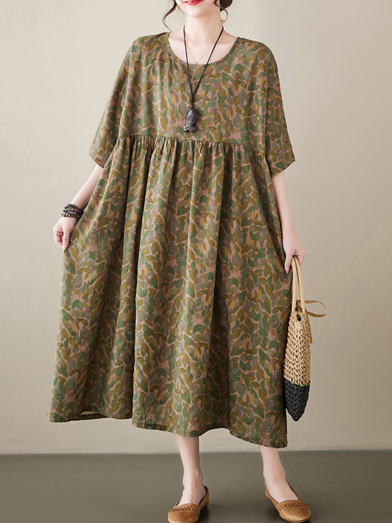 Leaf Print Round Neck Pleated Smock Midi Dress 6