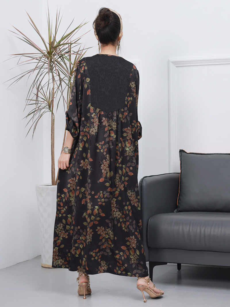Women Retro Style Loose Printed Long Sleeves A-Line Dress - Fashionpara