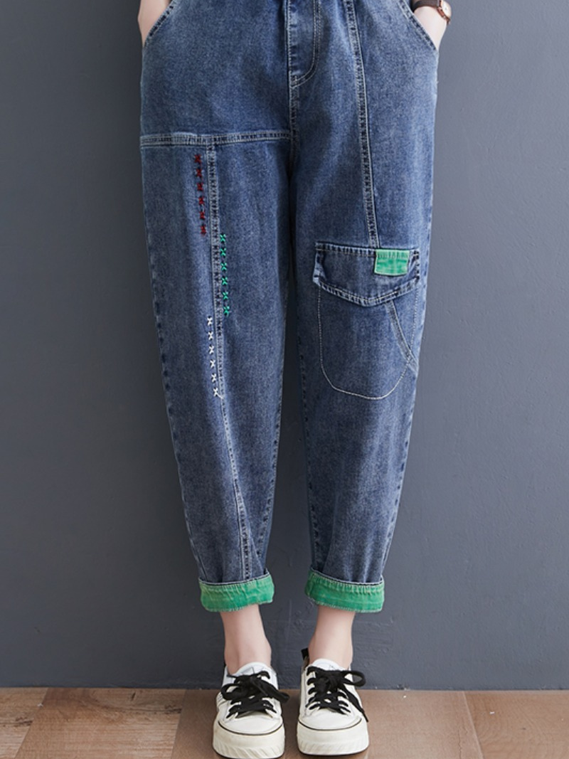 Denim Casual Western Style Loose Large High Waist Denim Pants - Fashionpara