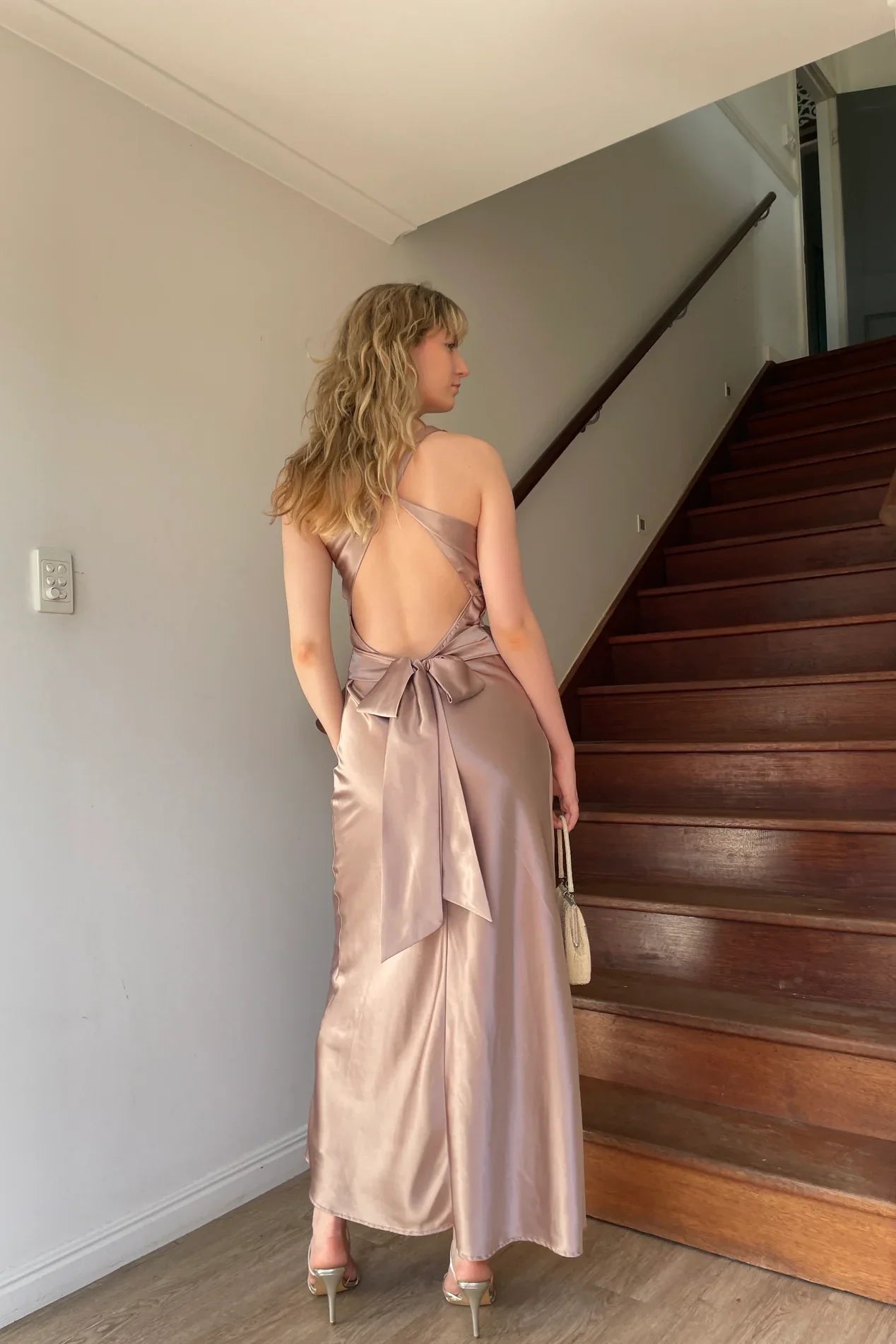 Trendy Sheath Halter Neck Purple Long Party Dress with Open Back Bowknot