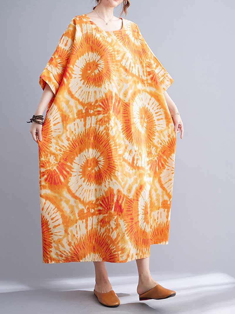Tie-Dye Print Round Neck Short Sleeve Cocoon Midi Dress 4