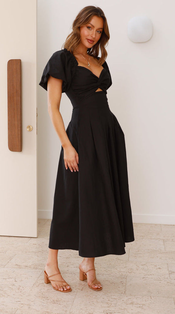 Sweetheart Puff-Sleeve Twist-Front Cut-Out Midi Dress 8