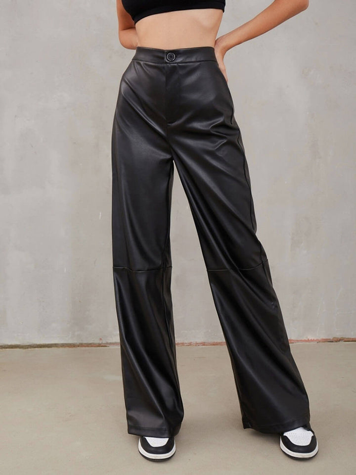 Casual High Waist PU Wide Leg Pants - Fashionpara