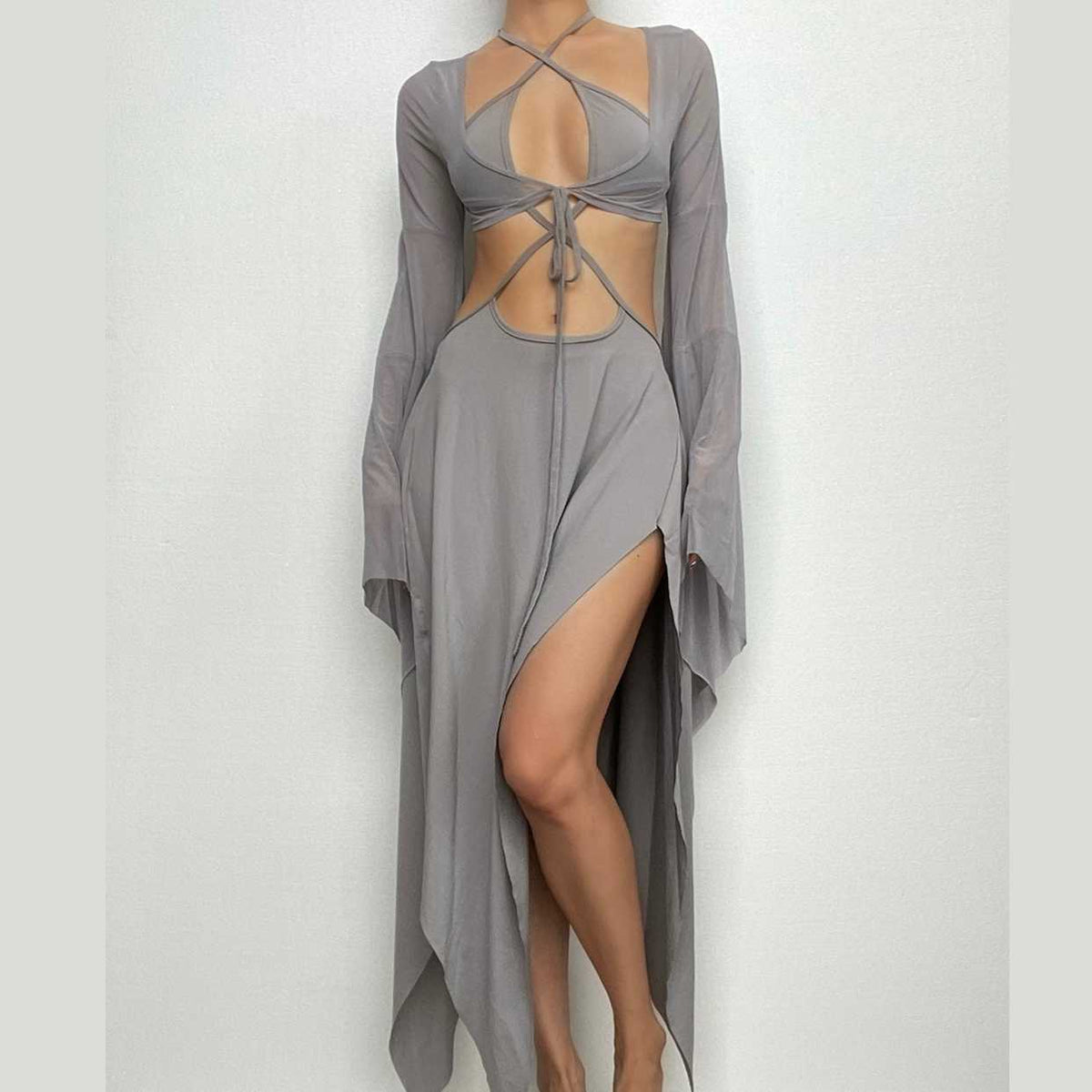 Mesh Halter Neck Flared Sleeve Cut Out High Split Midi Dress