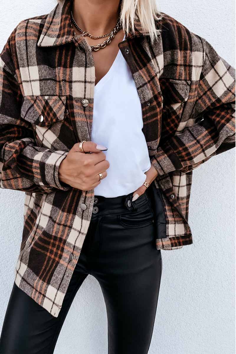 Florcoo Casual Loose Retro Plaid Stitching Shirt Jacket(3 colors)