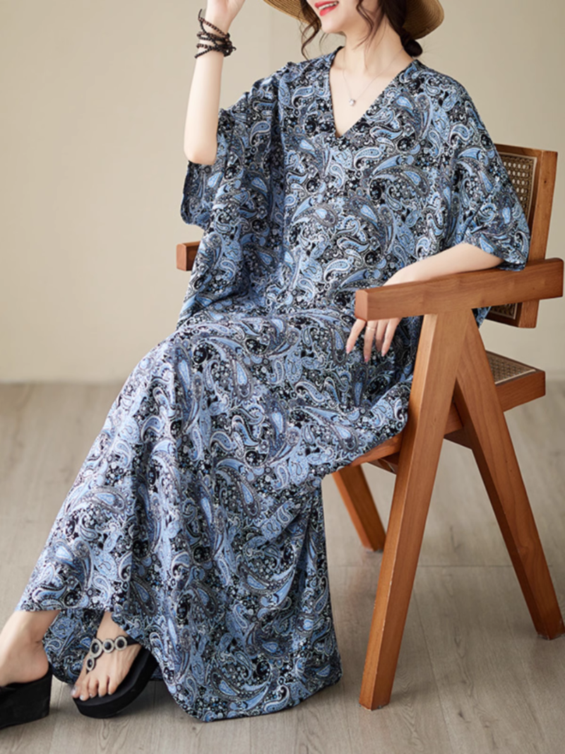 Paisley Print V-Neck Short-Sleeve Kaftan Maxi Dress 6