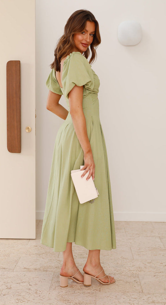 Twist-Front Puff-Sleeve Cutout Pleated Midi Dress 7