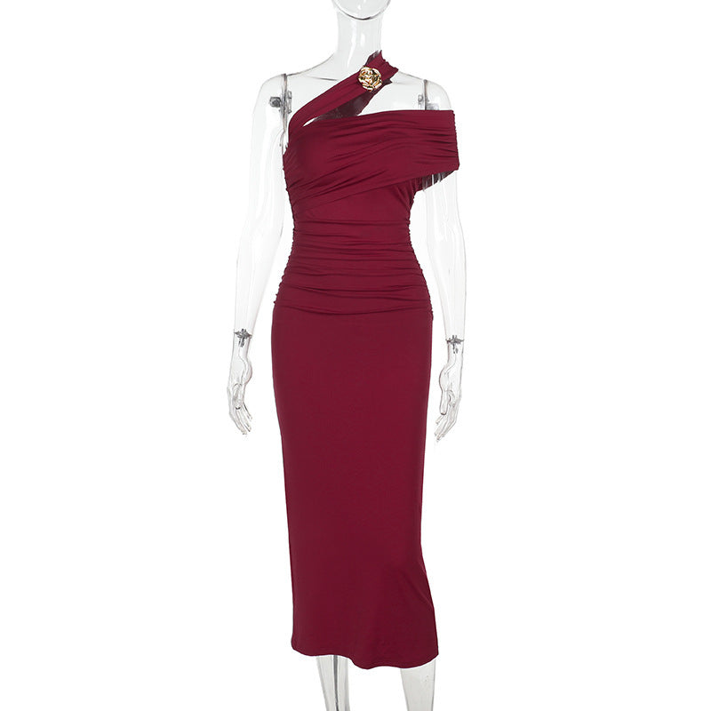 One-Shoulder Ruched Bodycon Column Midi Dress 6