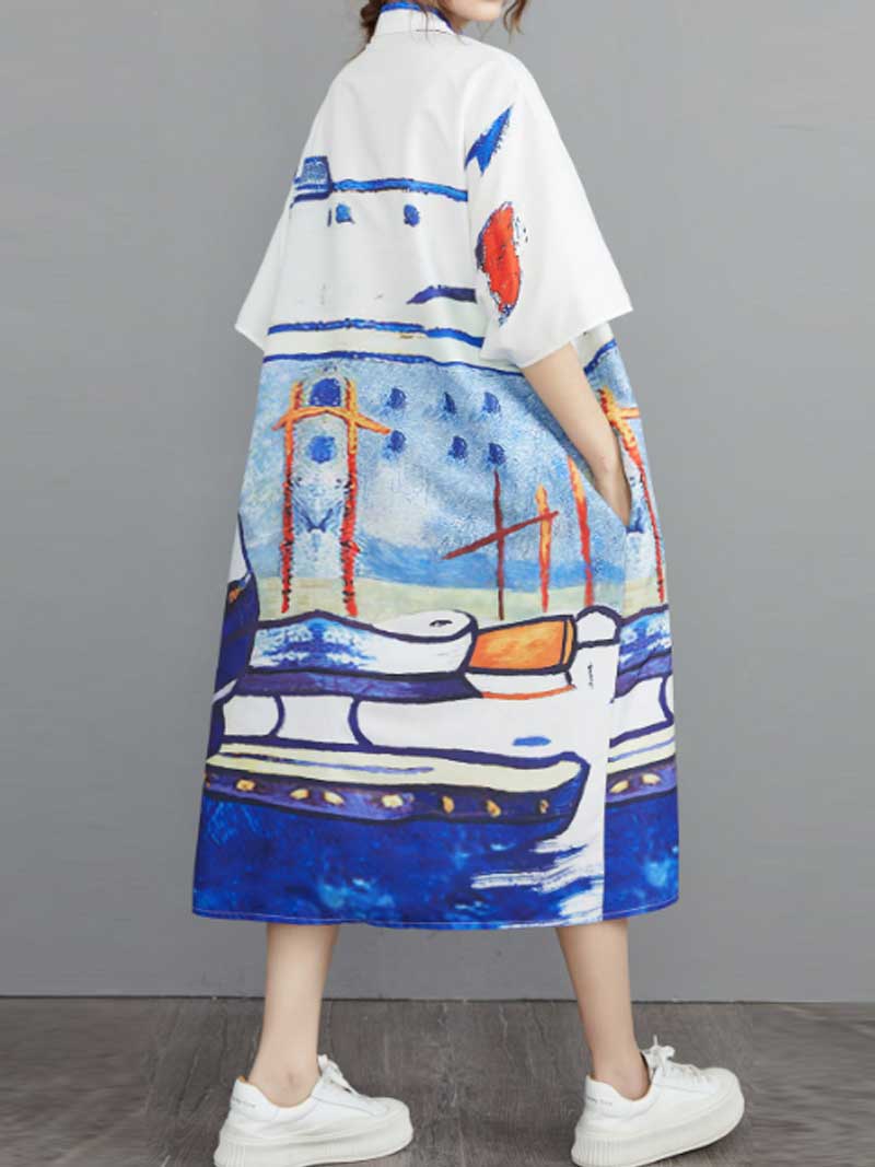 Abstract Art Print Cotton Short Sleeve A-Line Shirt Dress 3
