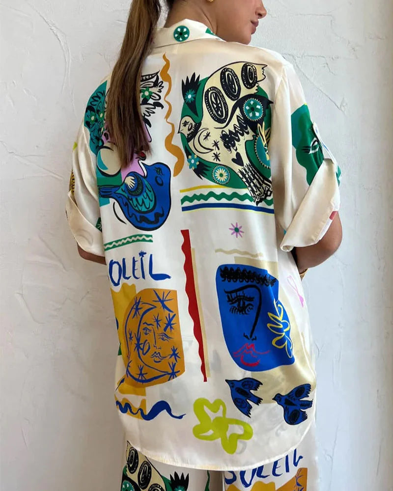 Artistic Graffiti Print Casual Two-Piece Set - Fashionpara