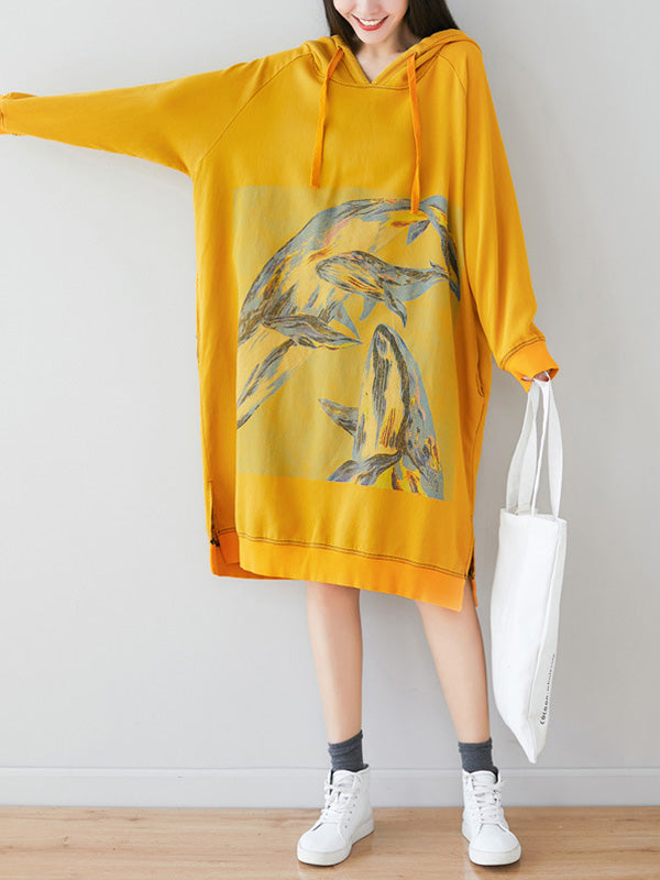 Loose Ethnic Floral Hooded Sweatshirt Dress - Fashionpara