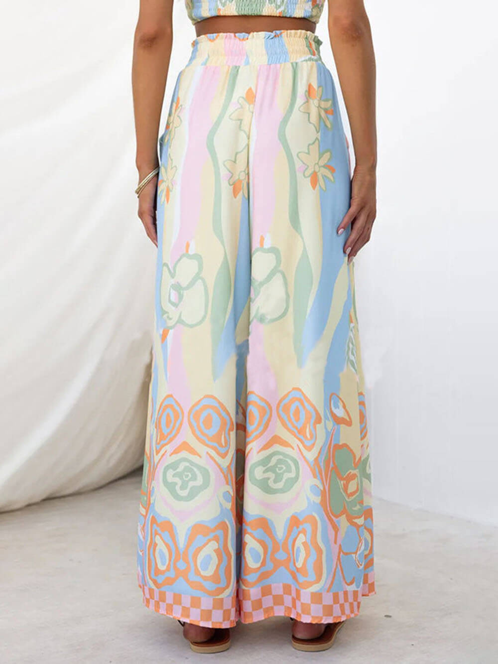 Floral Print Smocked Adjustable Tank Top Drawstring Wide Leg Pants Set - Fashionpara
