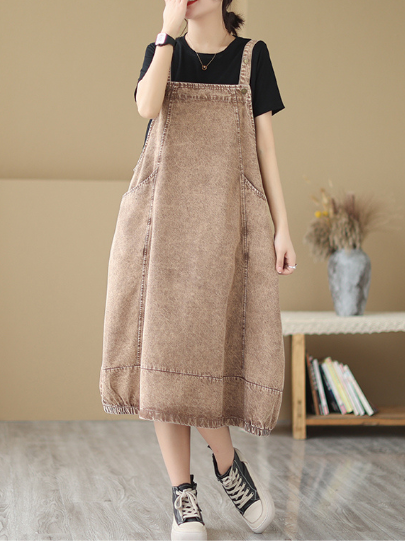 Denim Square Neck Sleeveless Pinafore Midi Dress