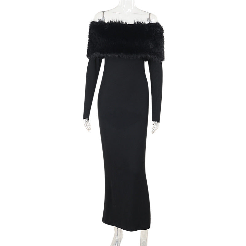 Onyx Fur Midi Dress - Black