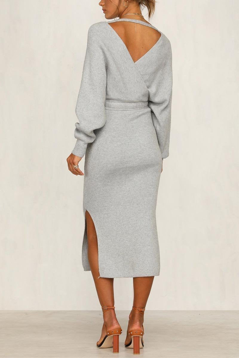 Florcoo Elegant V Neck Backless Sweater Dress in 5 Colors
