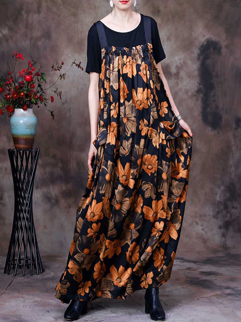 Always Glowing Printed Pleated Pocket Maxi Salopette Dress - Fashionpara
