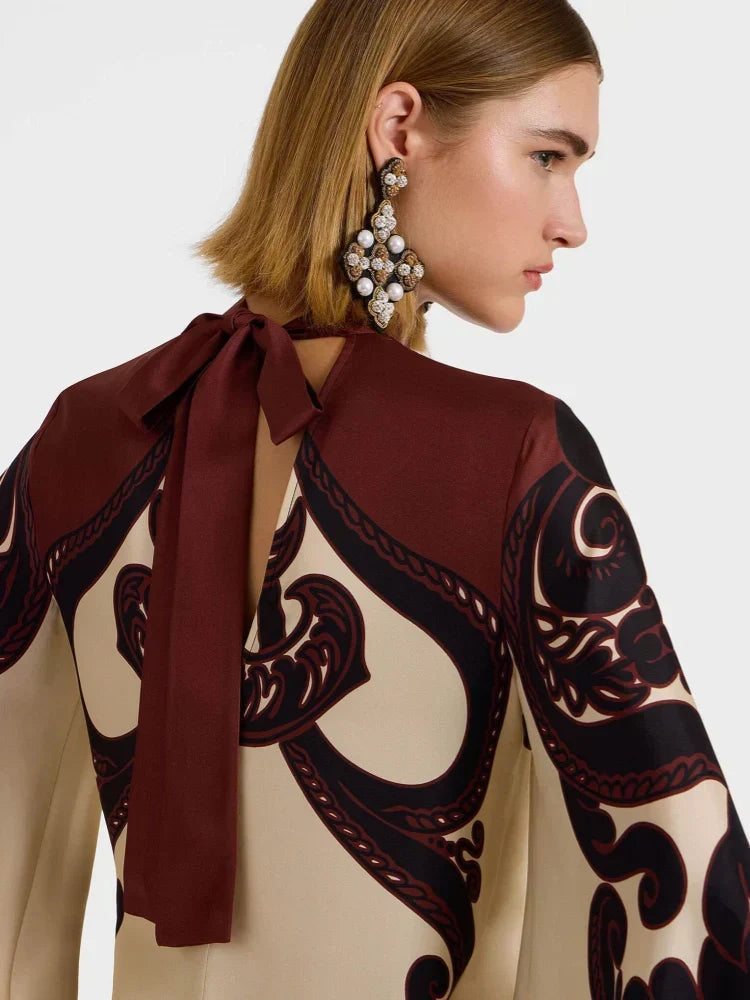 Scroll Print Satin Tie Neck Bell Sleeve A-Line Maxi Dress - View 6